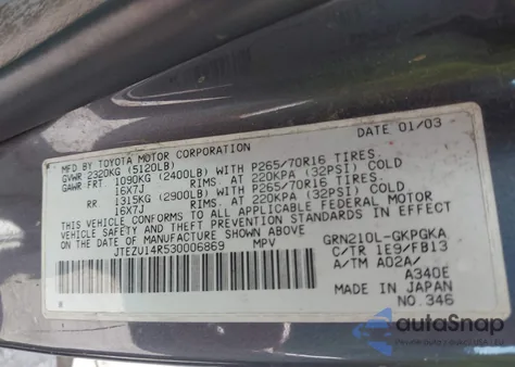 2003 Toyota 4Runner Sr5 Sport V6 из США, поврежденный, VIN JTEZU14R530006869